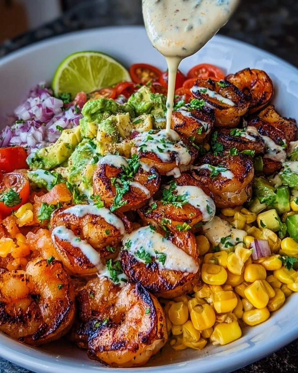 Grilled Shrimp Bowl with Avocado, Corn Salsa &amp; Creamy Garlic Sauce: An Incredible 7-Ingredient Recipe