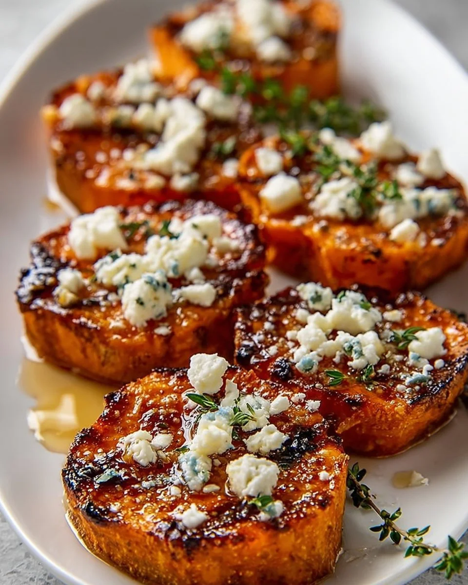 Honey feta sweet potato rounds topped with herbs and drizzled with honey