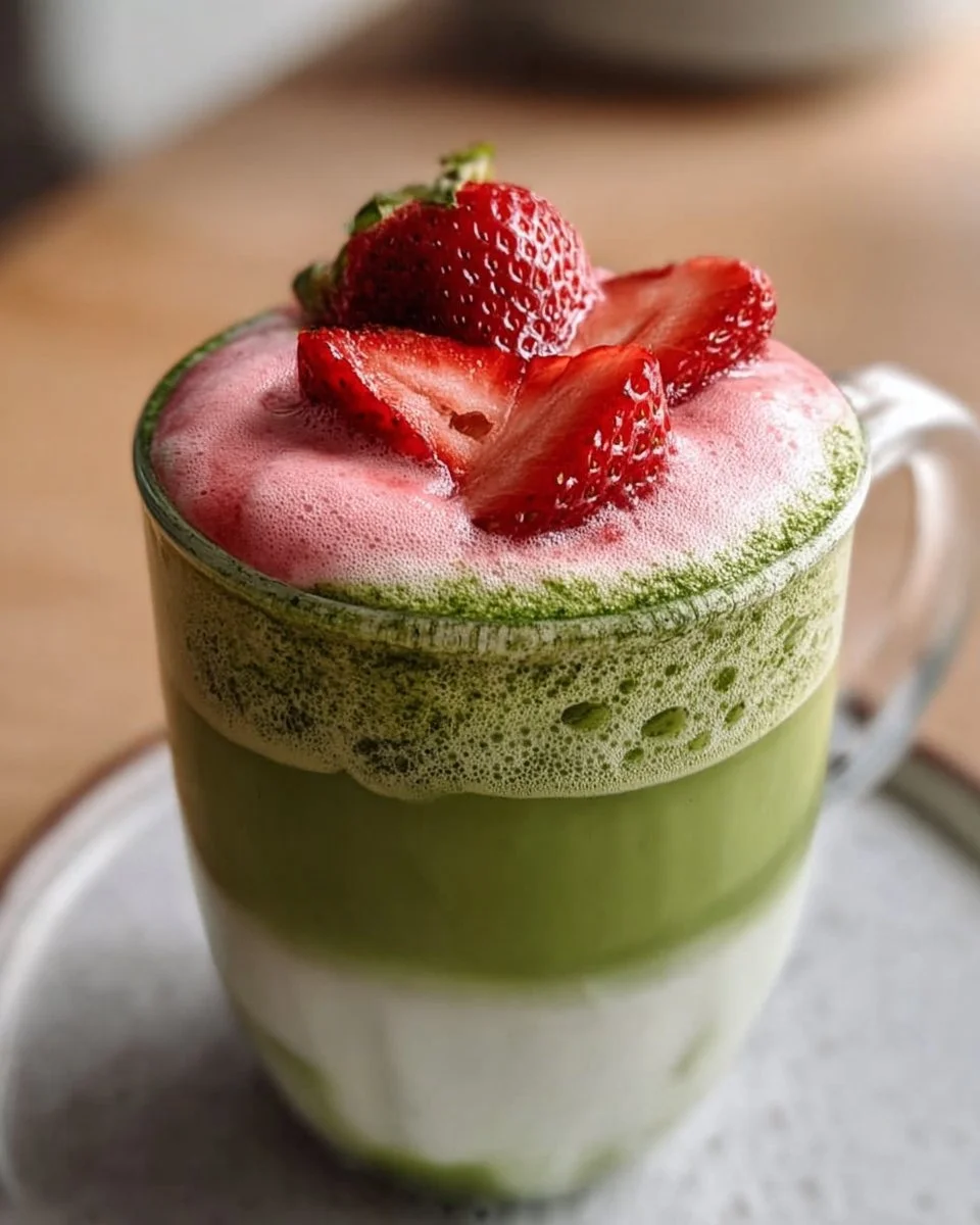Icy Matcha Latte topped with Strawberry Foam, perfect for a summer treat.