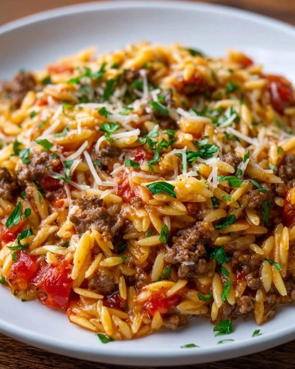 One-Pan Ground Beef Orzo Bake topped with cheese and fresh herbs