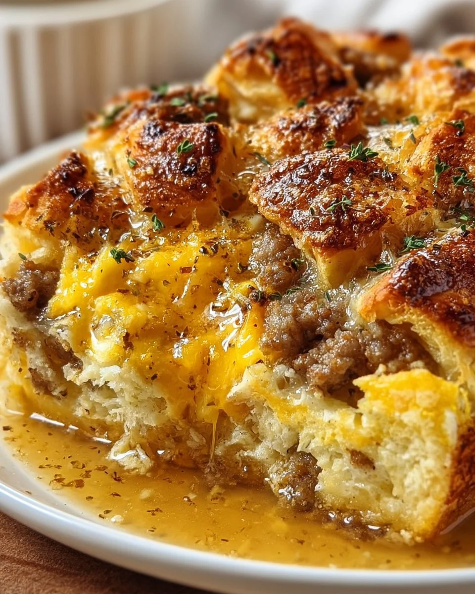 Overnight Croissant Breakfast Casserole Bake with Gravy