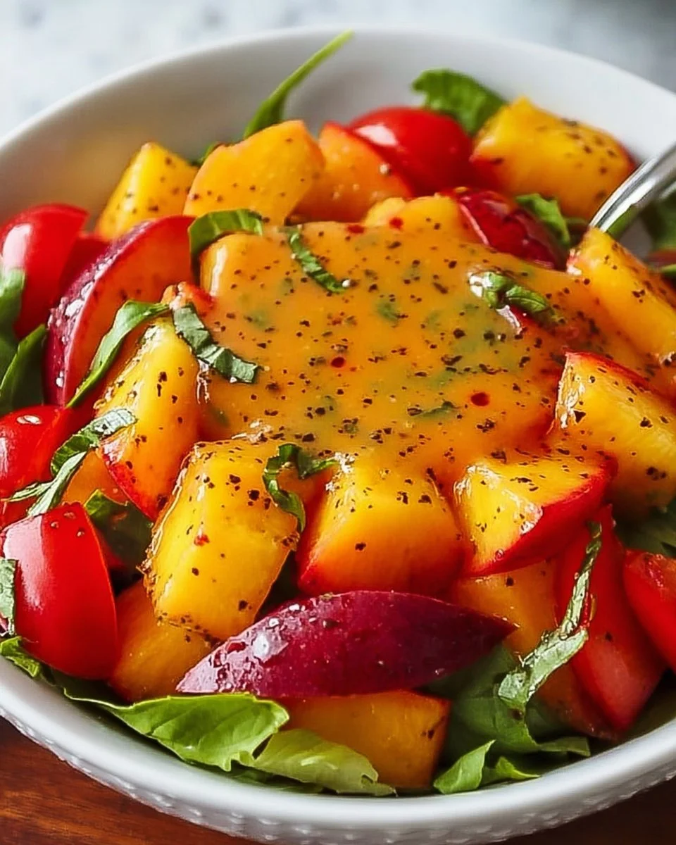Delicious Peach Honey Dijon Vinaigrette drizzled over fresh summer salad