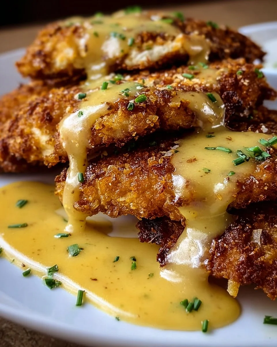 Pretzel-crusted chicken served with creamy mustard cheddar sauce