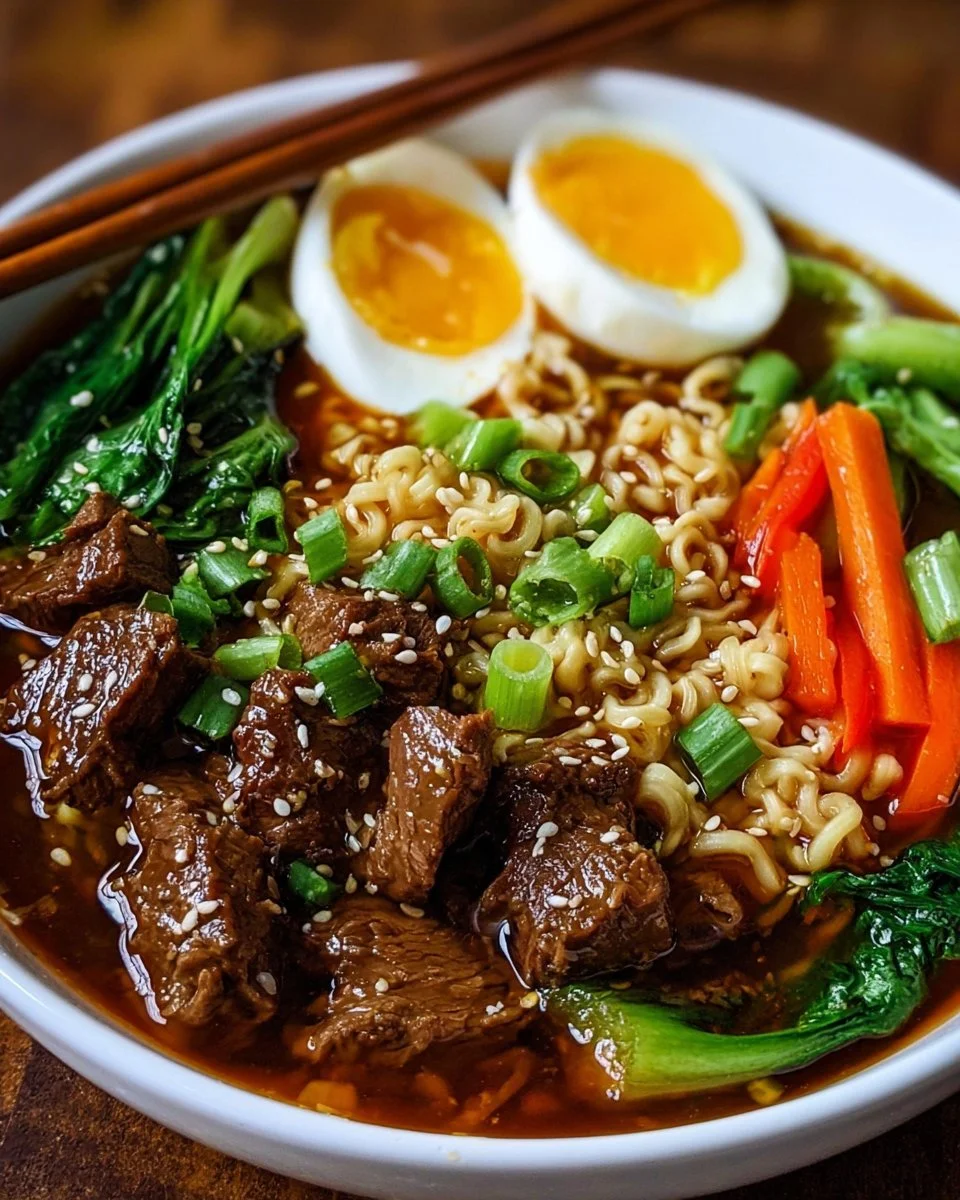 Slow Cooker Beef Ramen Noodles garnished with herbs and served in a bowl