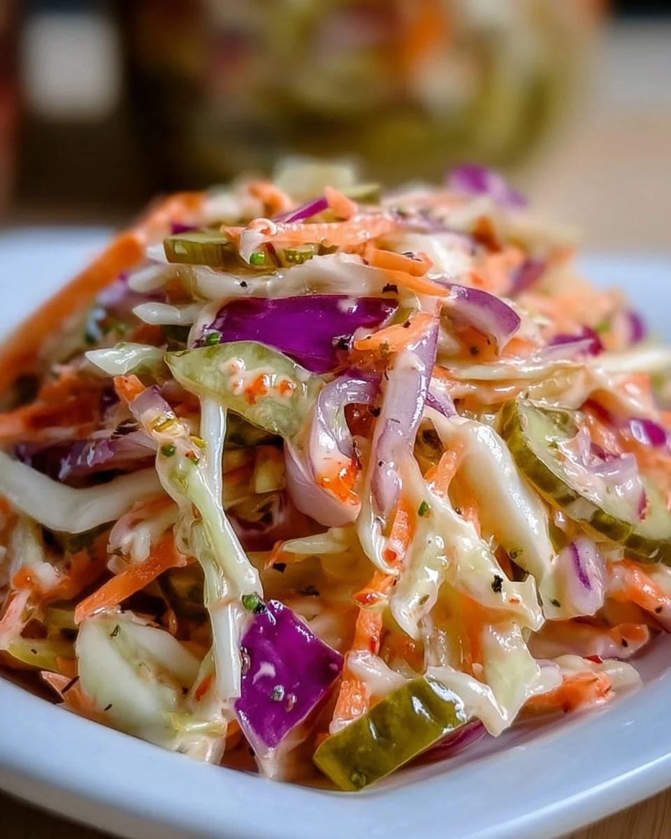 Bowl of Sweet & Spicy Pickle Slaw with colorful vegetables