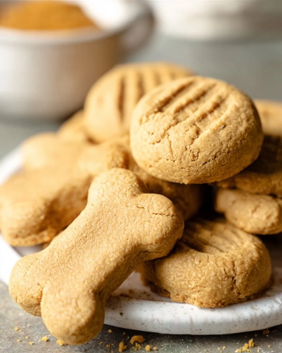 Homemade peanut butter dog treats in a jar with a dog bone on the side