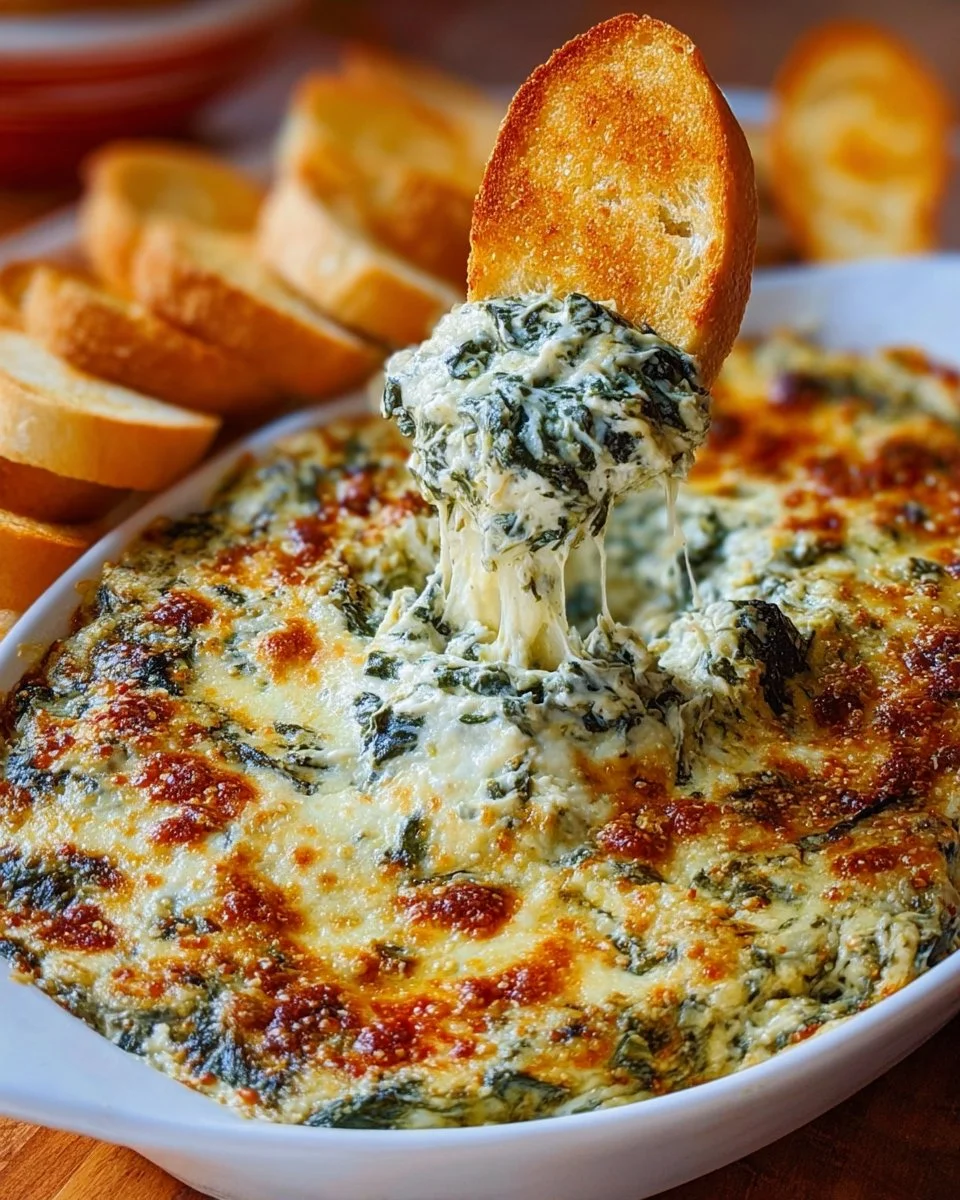 Delicious hot spinach artichoke dip served in a bowl