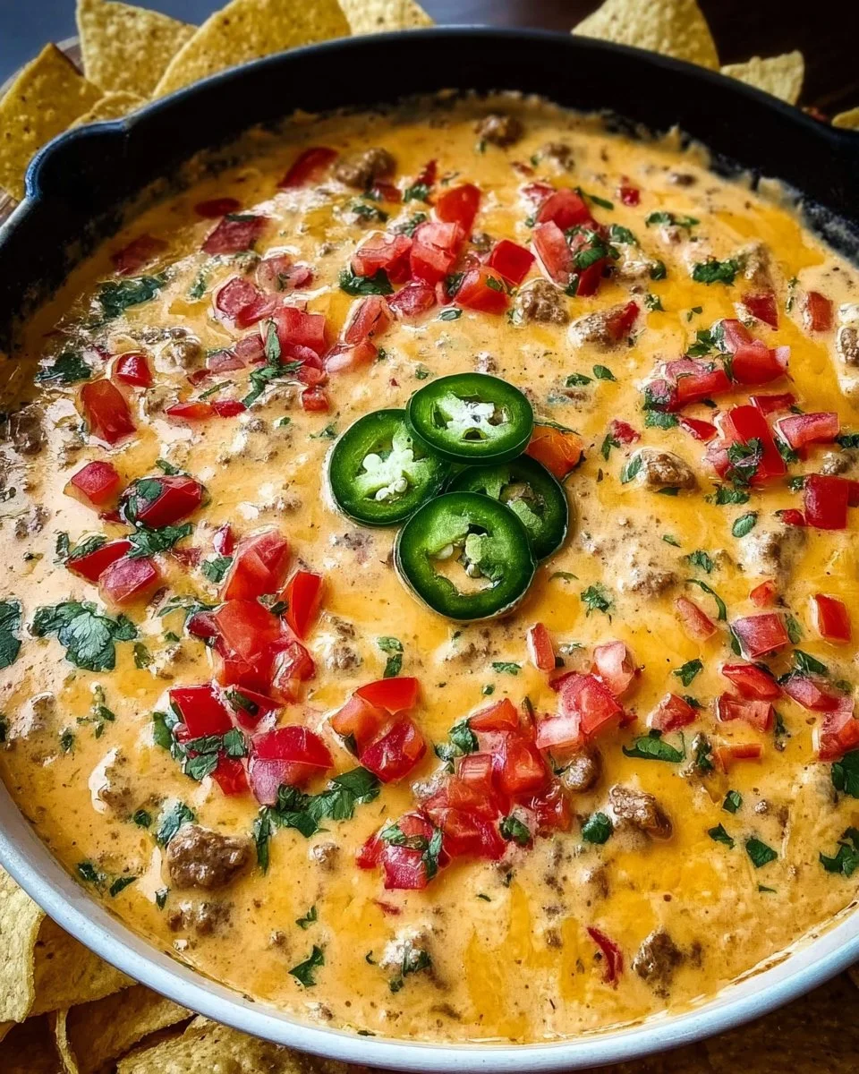 Delicious loaded cowboy queso dip with cheese and toppings in a bowl