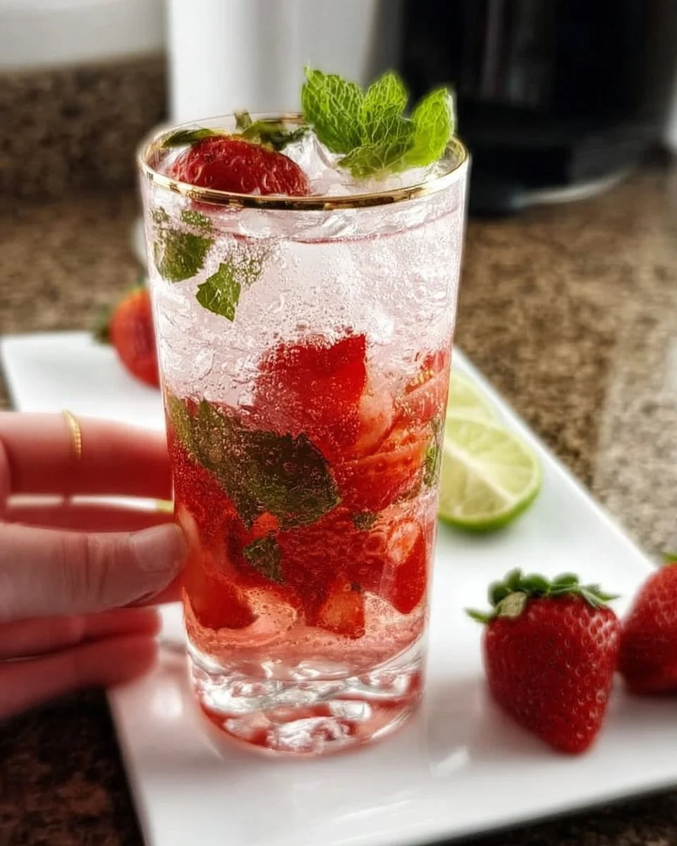 Fresh Strawberry Mojito in a glass with mint leaves and lime