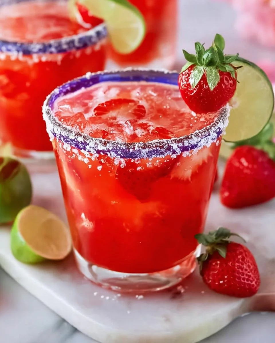 Delicious strawberry margarita in a glass with fresh strawberries
