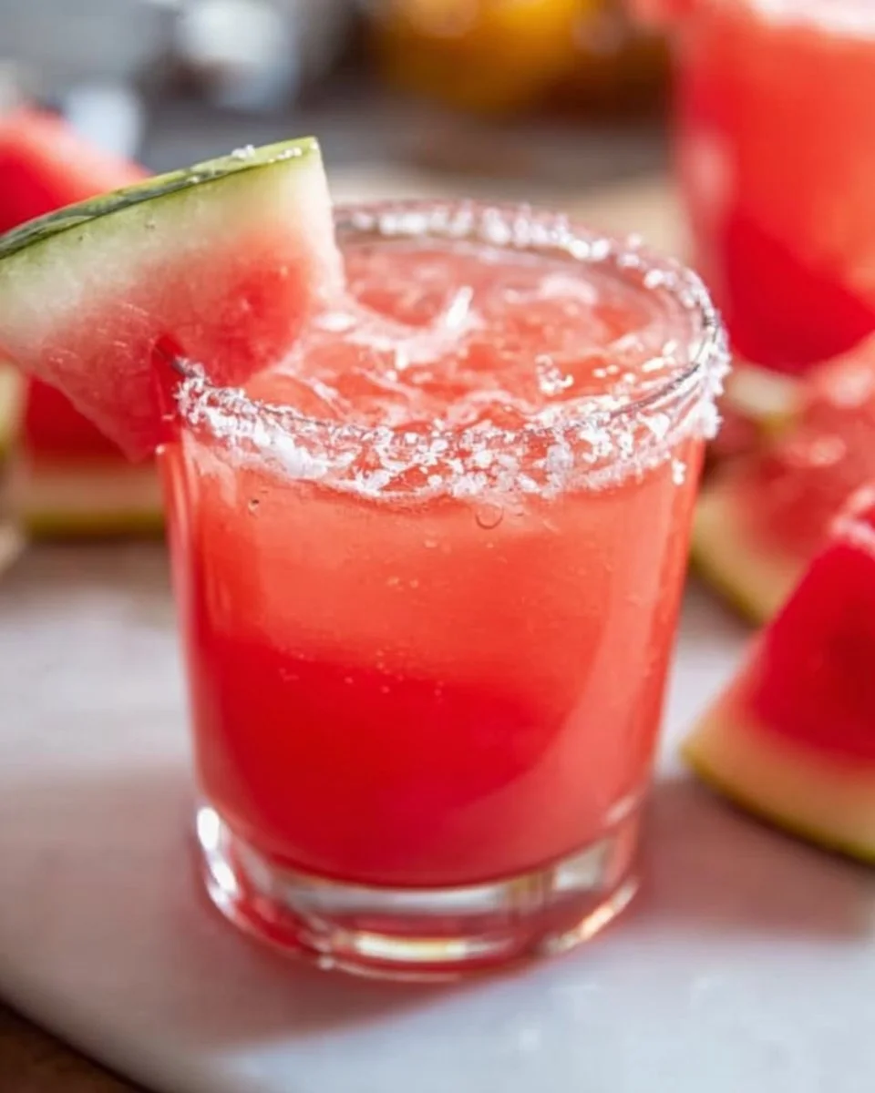 Refreshing Watermelon Margarita served in a glass with lime and watermelon garnish